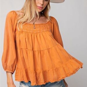Women's Orange Smocked Peasant Top